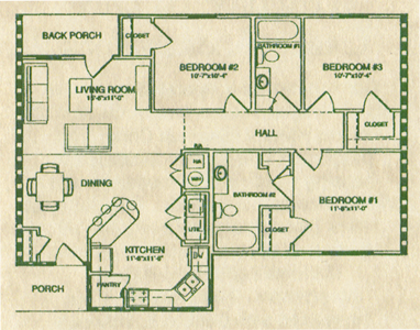 Three Bedroom / Two Bath - 1,193 Sq. Ft.*